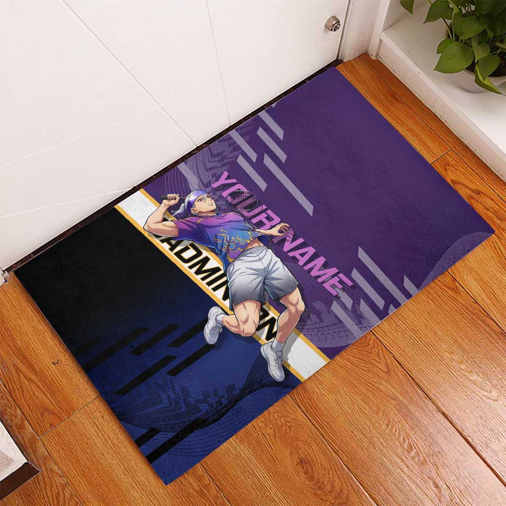 Personalized Tengen Uzui Demon Slayer Badminton Rubber Doormat with Racket Action Pose and Purple Black Graphic Design - The Mazicc
