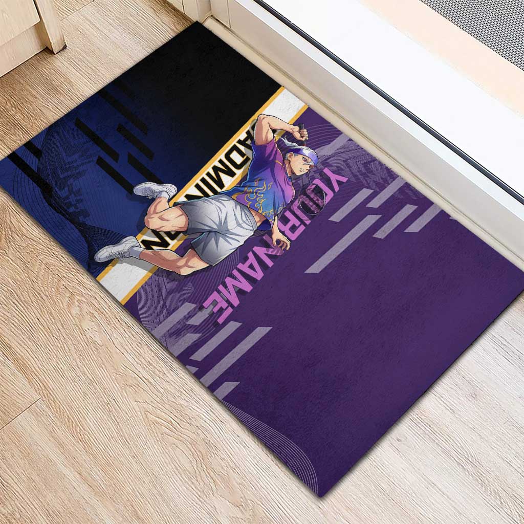 Personalized Tengen Uzui Demon Slayer Badminton Rubber Doormat with Racket Action Pose and Purple Black Graphic Design - The Mazicc