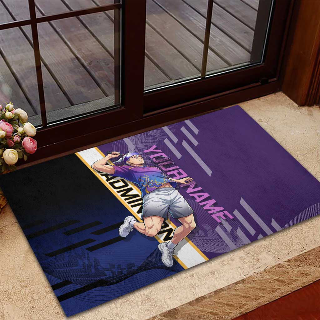 Personalized Tengen Uzui Demon Slayer Badminton Rubber Doormat with Racket Action Pose and Purple Black Graphic Design - The Mazicc