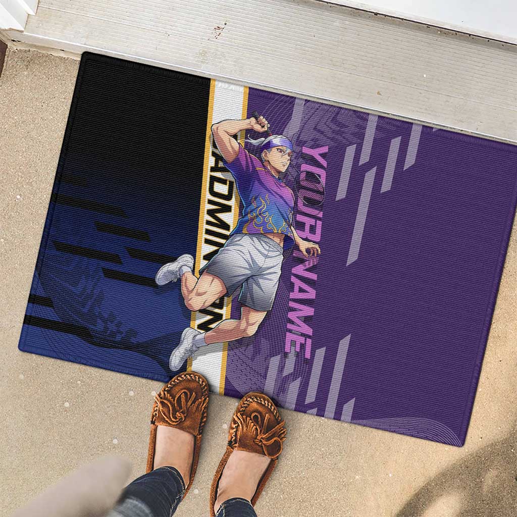 Personalized Tengen Uzui Demon Slayer Badminton Rubber Doormat with Racket Action Pose and Purple Black Graphic Design - The Mazicc