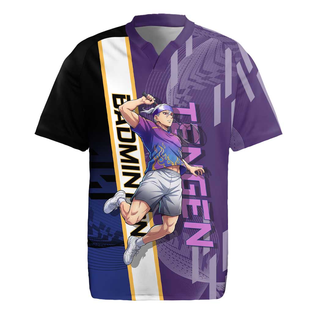 Personalized Tengen Uzui Demon Slayer Badminton Rugby Jersey with Racket Action Pose and Purple Black Graphic Design - The Mazicc
