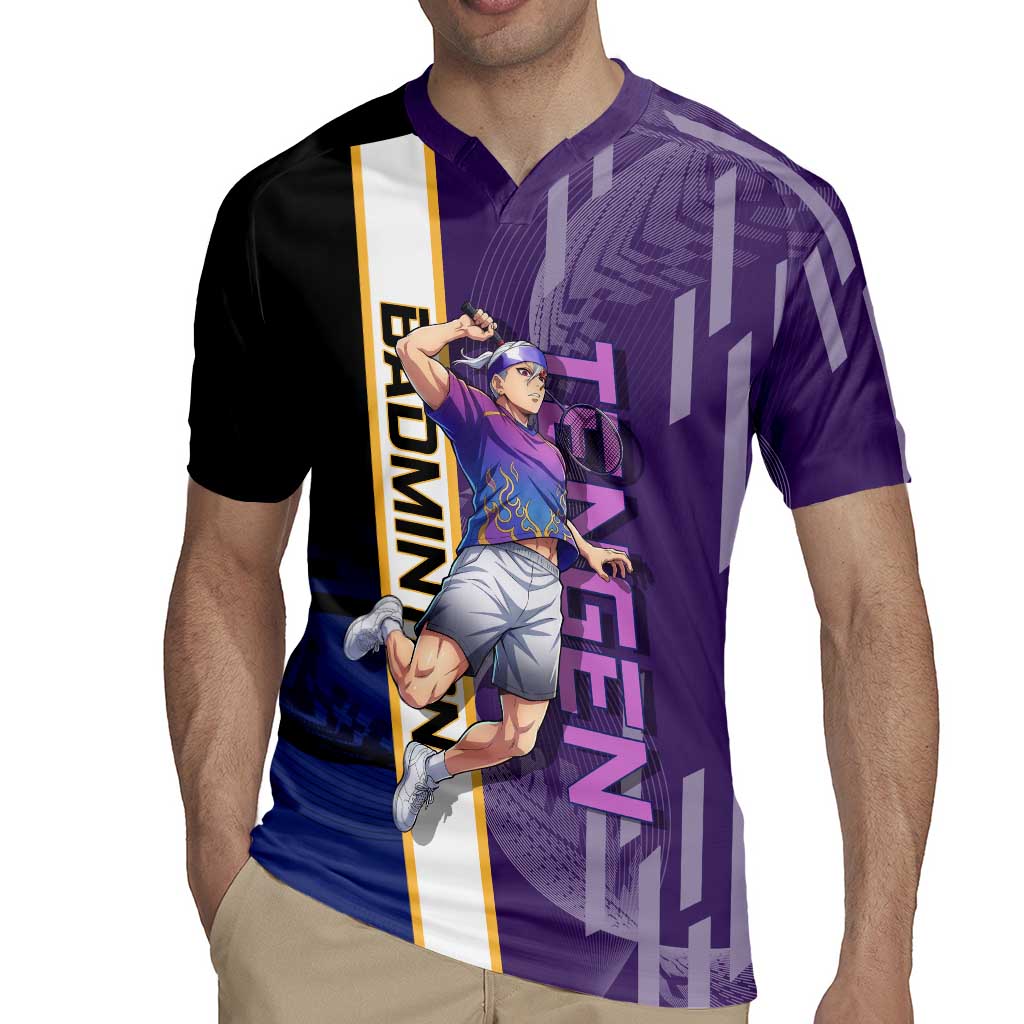 Personalized Tengen Uzui Demon Slayer Badminton Rugby Jersey with Racket Action Pose and Purple Black Graphic Design - The Mazicc
