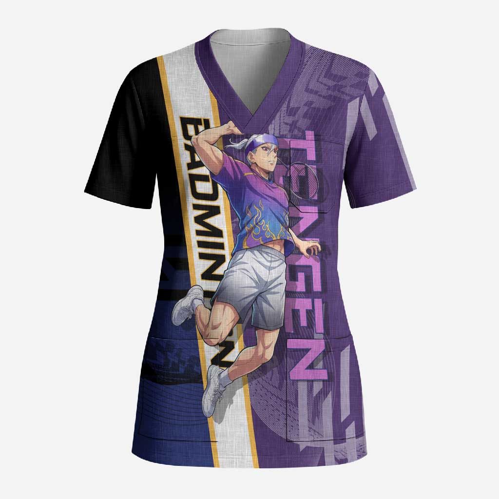 Personalized Tengen Uzui Demon Slayer Badminton Scrub Top with Racket Action Pose and Purple Black Graphic Design - The Mazicc