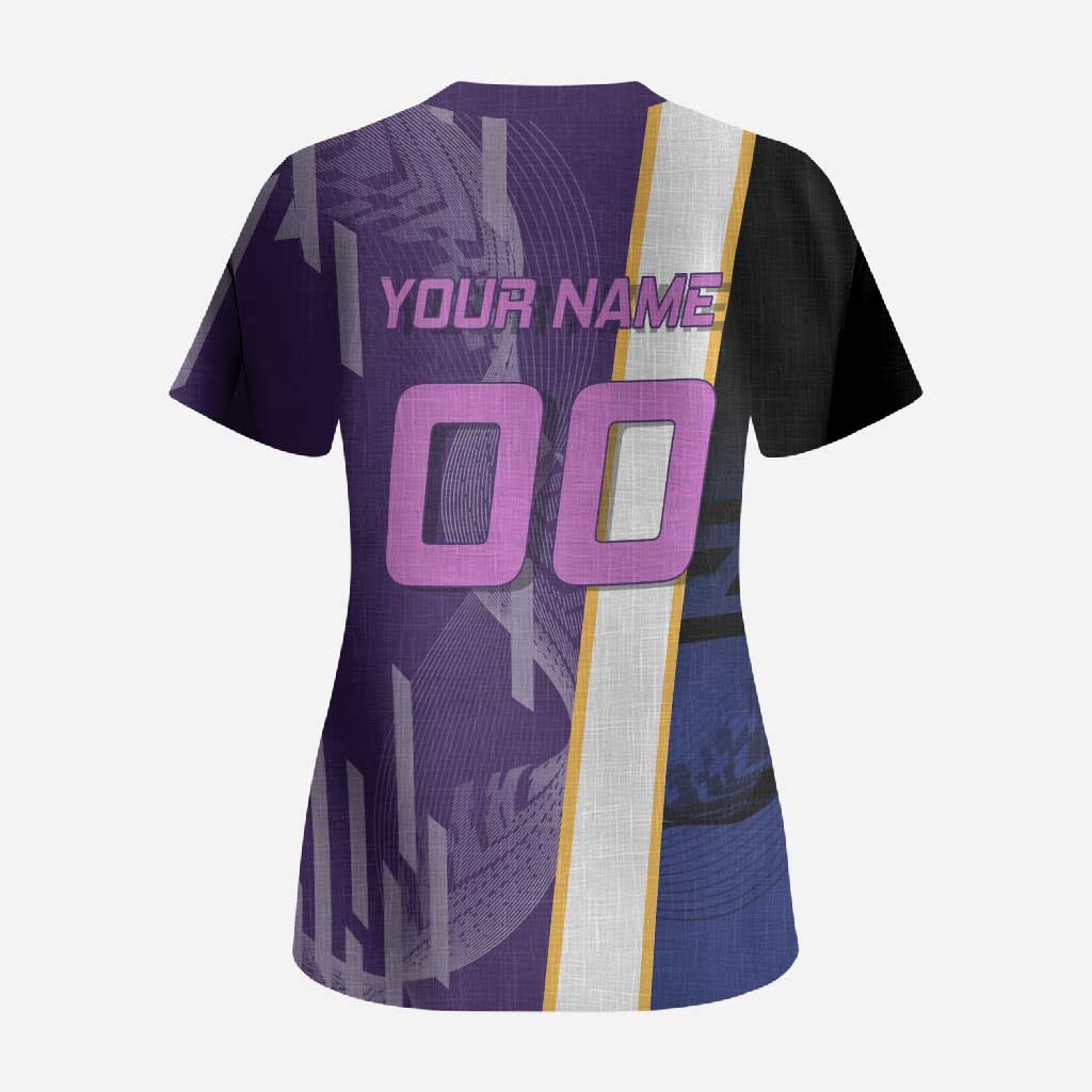 Personalized Tengen Uzui Demon Slayer Badminton Scrub Top with Racket Action Pose and Purple Black Graphic Design - The Mazicc