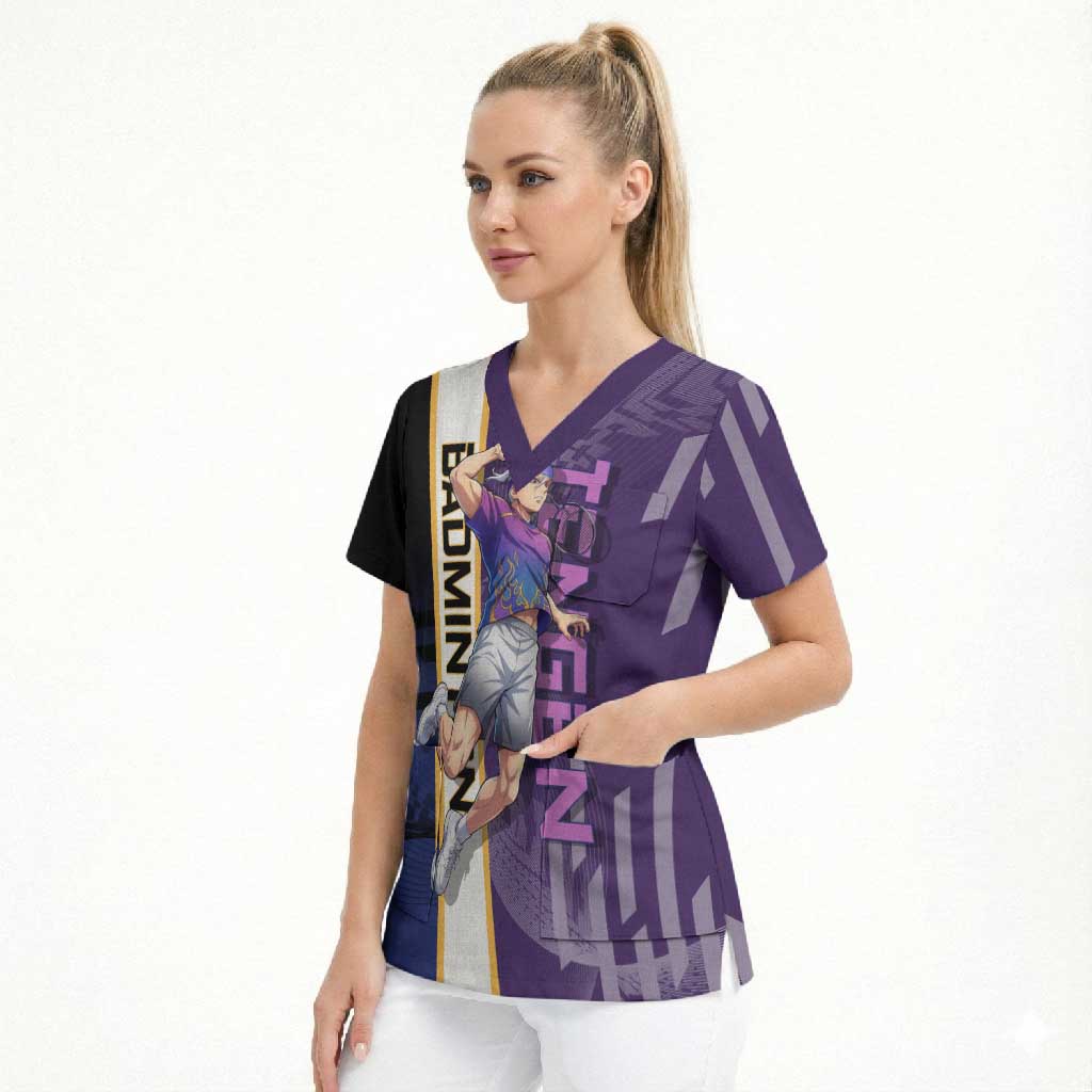 Personalized Tengen Uzui Demon Slayer Badminton Scrub Top with Racket Action Pose and Purple Black Graphic Design - The Mazicc