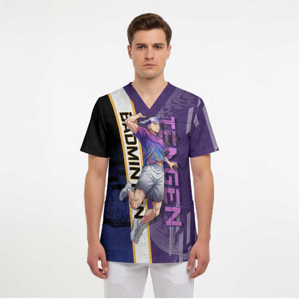 Personalized Tengen Uzui Demon Slayer Badminton Scrub Top with Racket Action Pose and Purple Black Graphic Design - The Mazicc