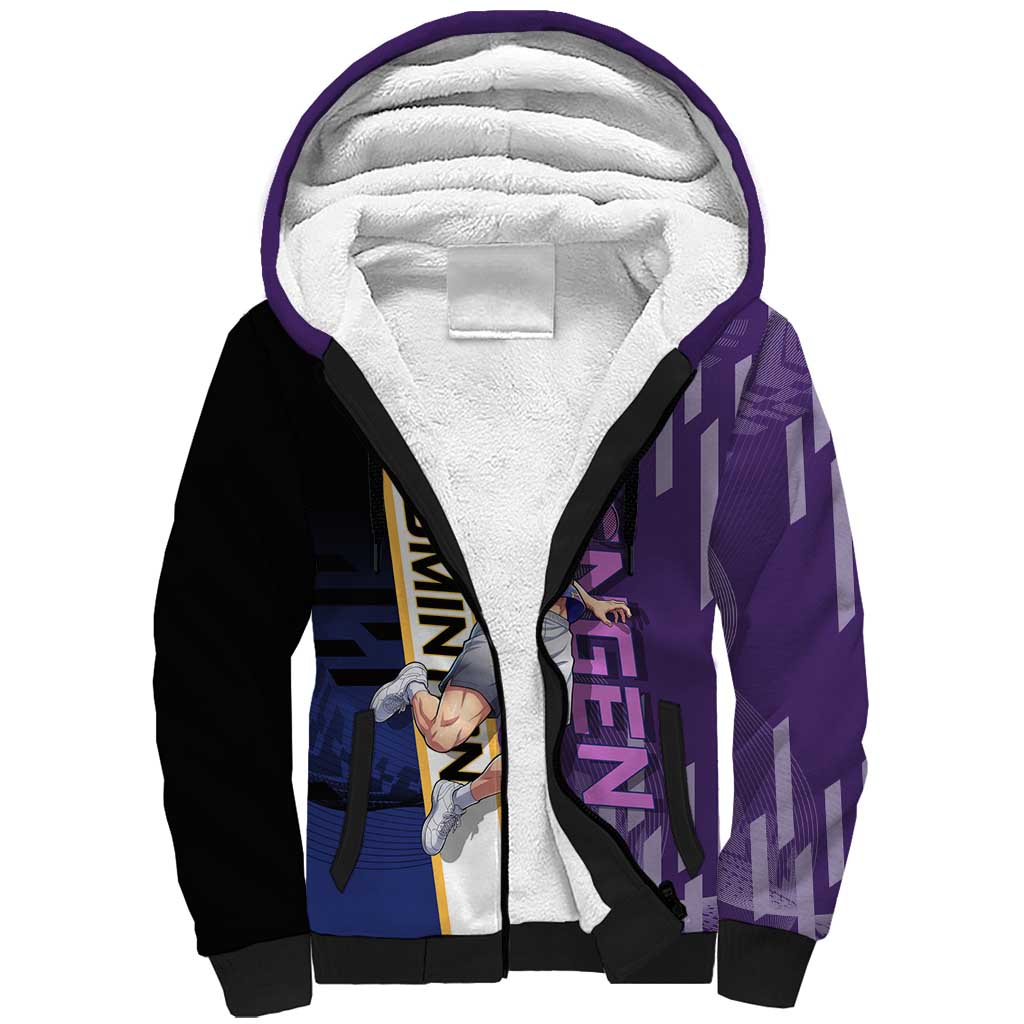 Personalized Tengen Uzui Demon Slayer Badminton Sherpa Hoodie with Racket Action Pose and Purple Black Graphic Design - The Mazicc
