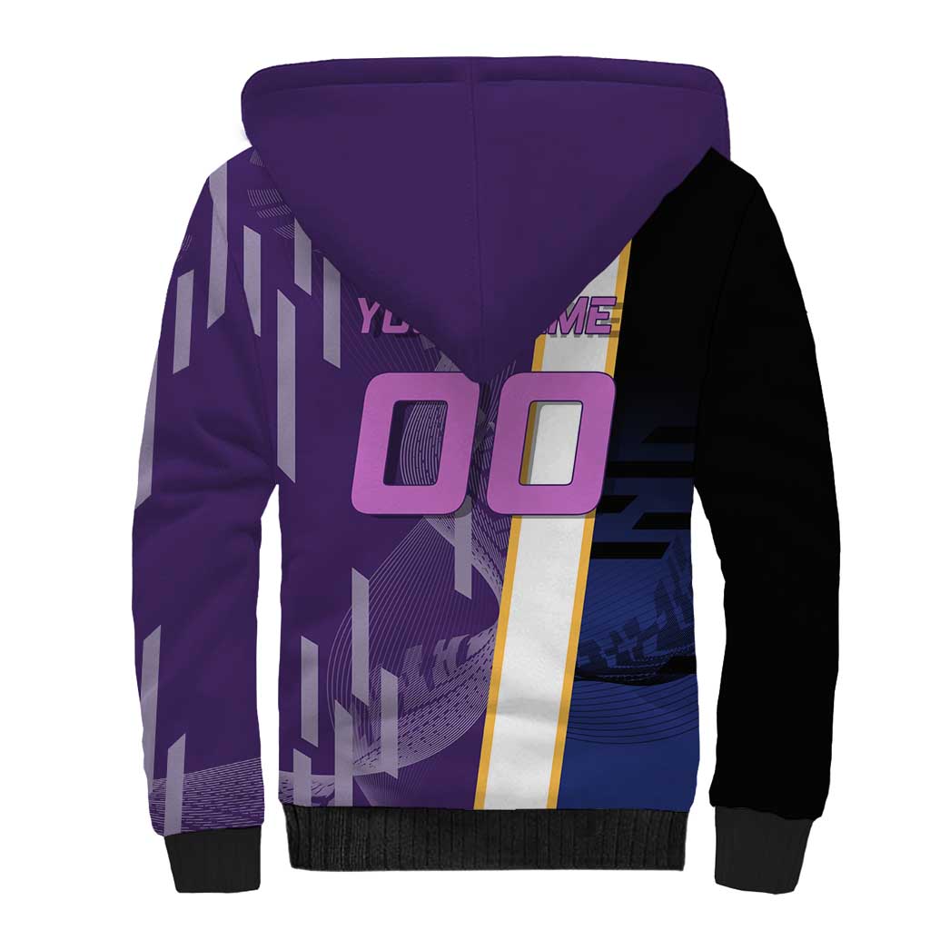 Personalized Tengen Uzui Demon Slayer Badminton Sherpa Hoodie with Racket Action Pose and Purple Black Graphic Design - The Mazicc