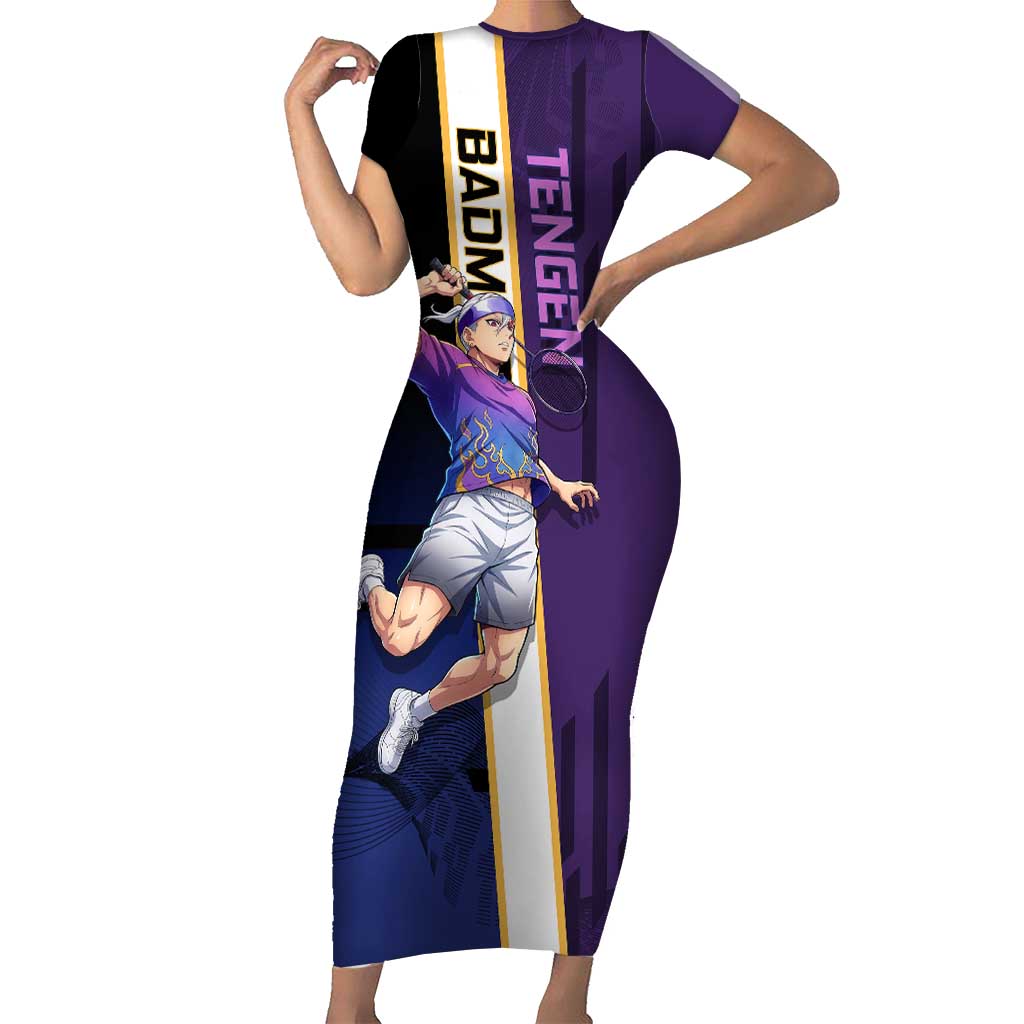 Personalized Tengen Uzui Demon Slayer Badminton Short Sleeve Bodycon Dress with Racket Action Pose and Purple Black Graphic Design - The Mazicc
