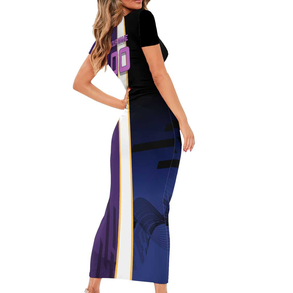 Personalized Tengen Uzui Demon Slayer Badminton Short Sleeve Bodycon Dress with Racket Action Pose and Purple Black Graphic Design - The Mazicc