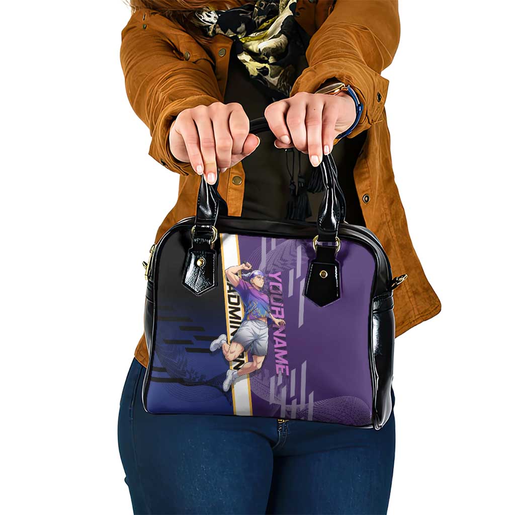 Personalized Tengen Uzui Demon Slayer Badminton Shoulder Handbag with Racket Action Pose and Purple Black Graphic Design - The Mazicc