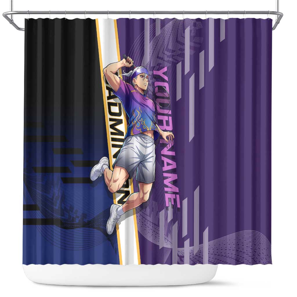 Personalized Tengen Uzui Demon Slayer Badminton Shower Curtain with Racket Action Pose and Purple Black Graphic Design - The Mazicc