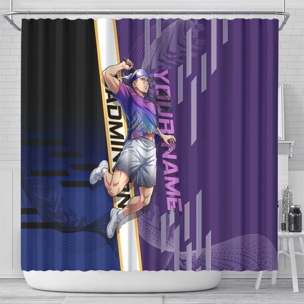Personalized Tengen Uzui Demon Slayer Badminton Shower Curtain with Racket Action Pose and Purple Black Graphic Design - The Mazicc