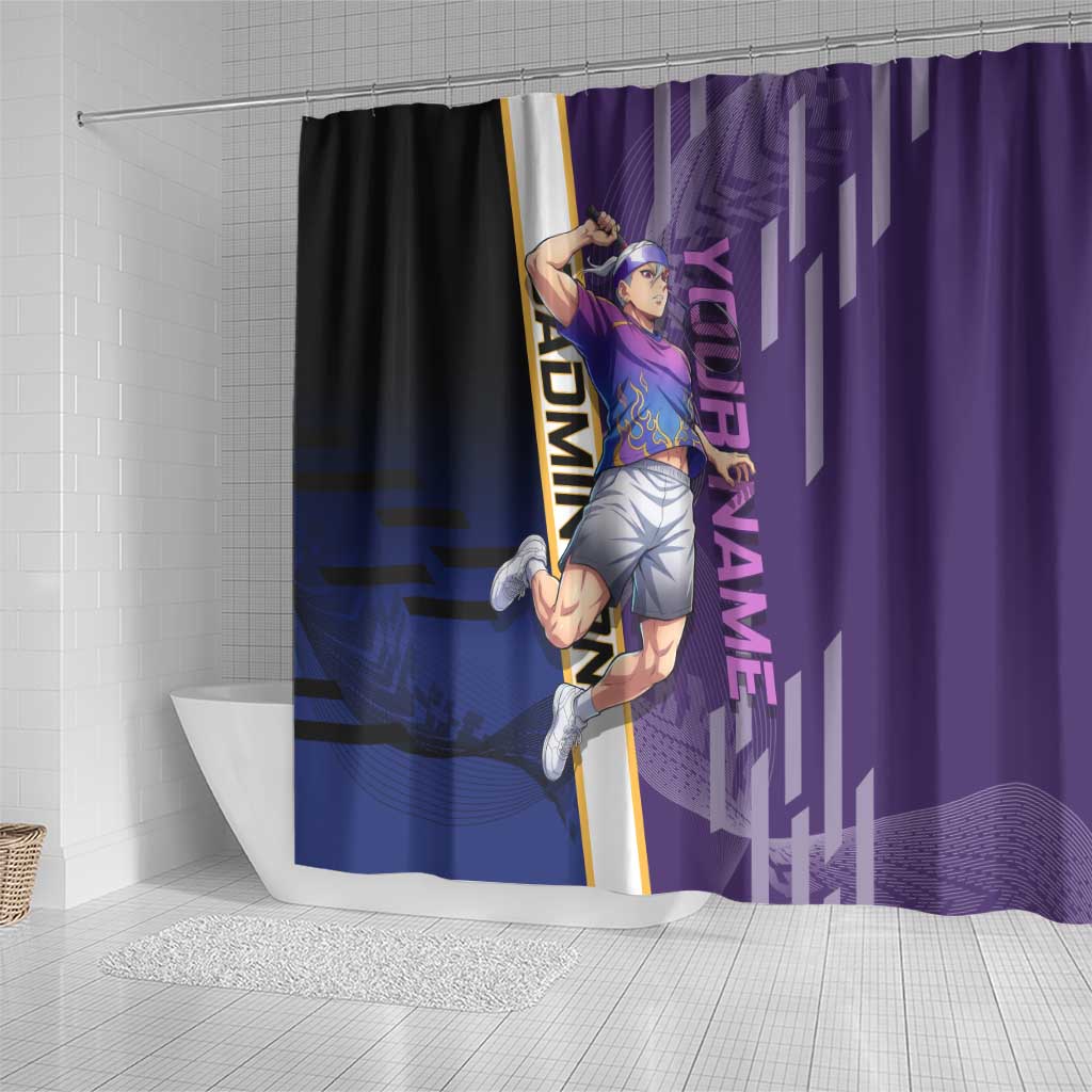 Personalized Tengen Uzui Demon Slayer Badminton Shower Curtain with Racket Action Pose and Purple Black Graphic Design - The Mazicc