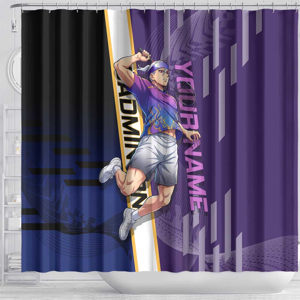 Personalized Tengen Uzui Demon Slayer Badminton Shower Curtain with Racket Action Pose and Purple Black Graphic Design - The Mazicc