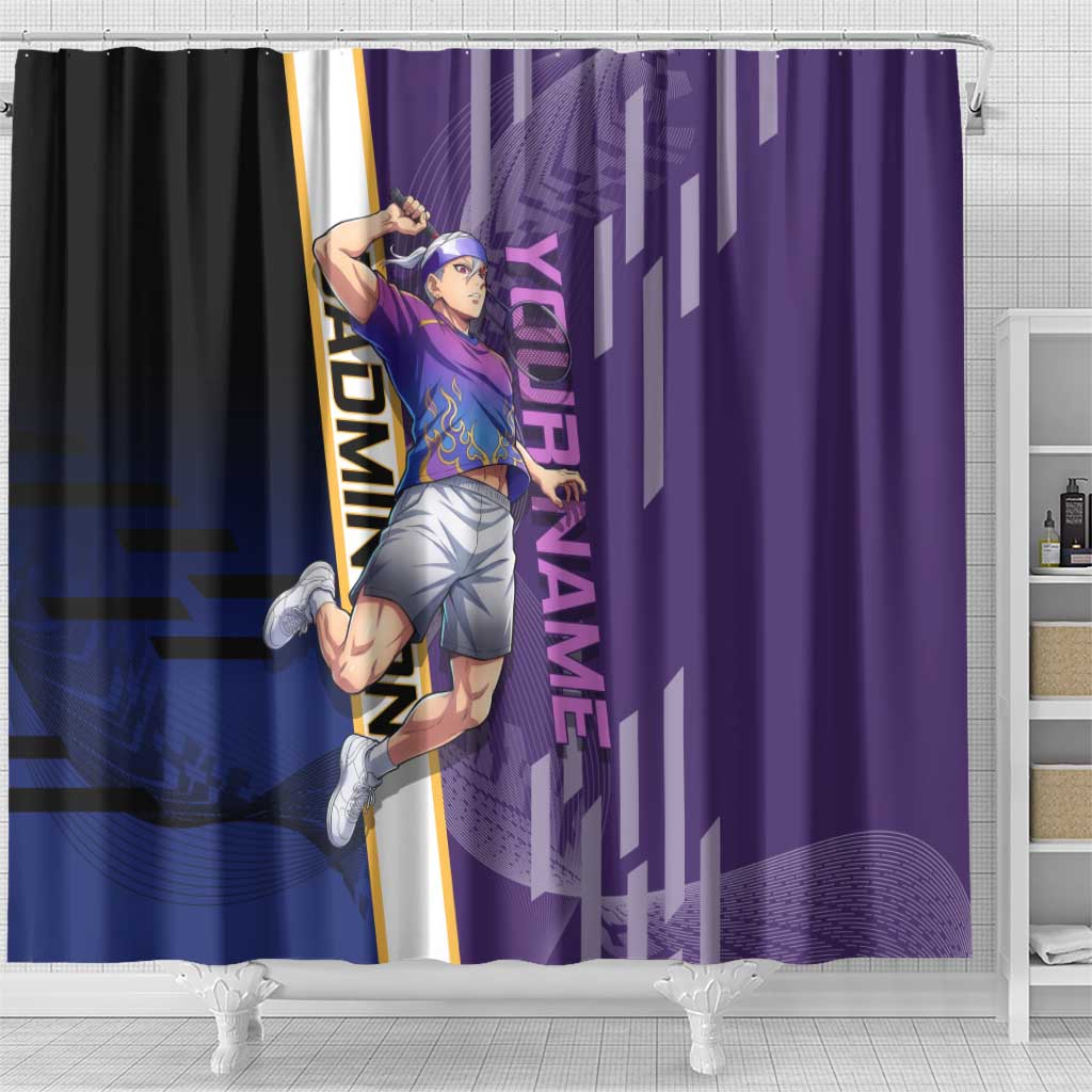 Personalized Tengen Uzui Demon Slayer Badminton Shower Curtain with Racket Action Pose and Purple Black Graphic Design - The Mazicc