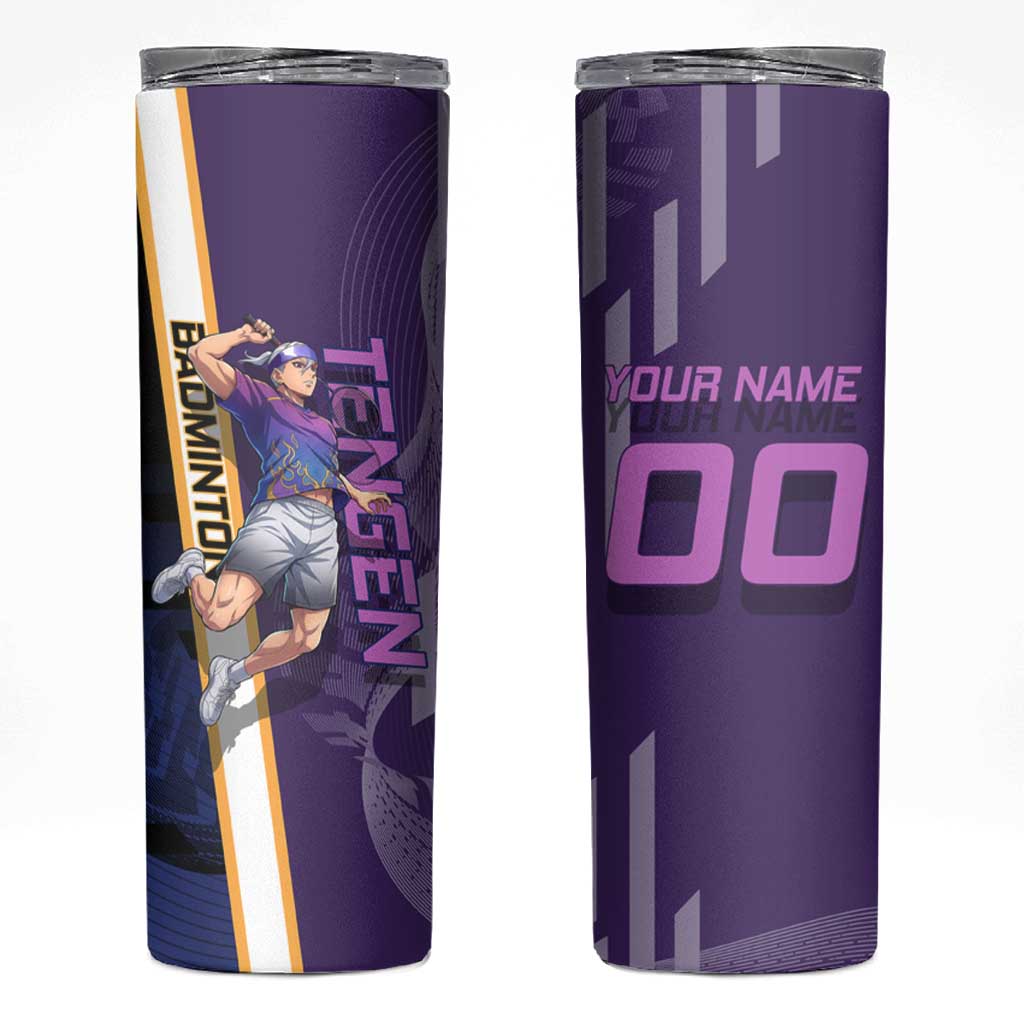 Personalized Tengen Uzui Demon Slayer Badminton Skinny Tumbler with Racket Action Pose and Purple Black Graphic Design - The Mazicc