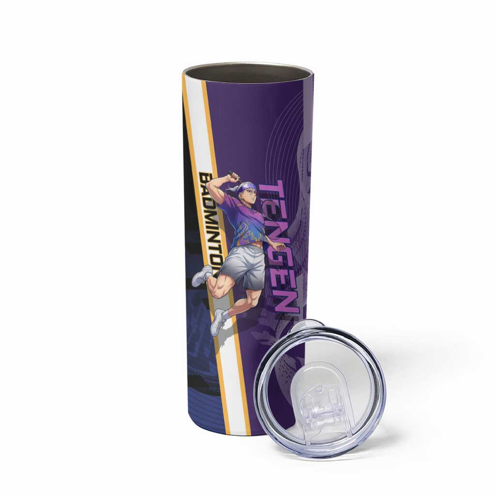 Personalized Tengen Uzui Demon Slayer Badminton Skinny Tumbler with Racket Action Pose and Purple Black Graphic Design - The Mazicc