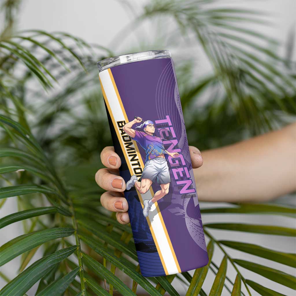 Personalized Tengen Uzui Demon Slayer Badminton Skinny Tumbler with Racket Action Pose and Purple Black Graphic Design - The Mazicc
