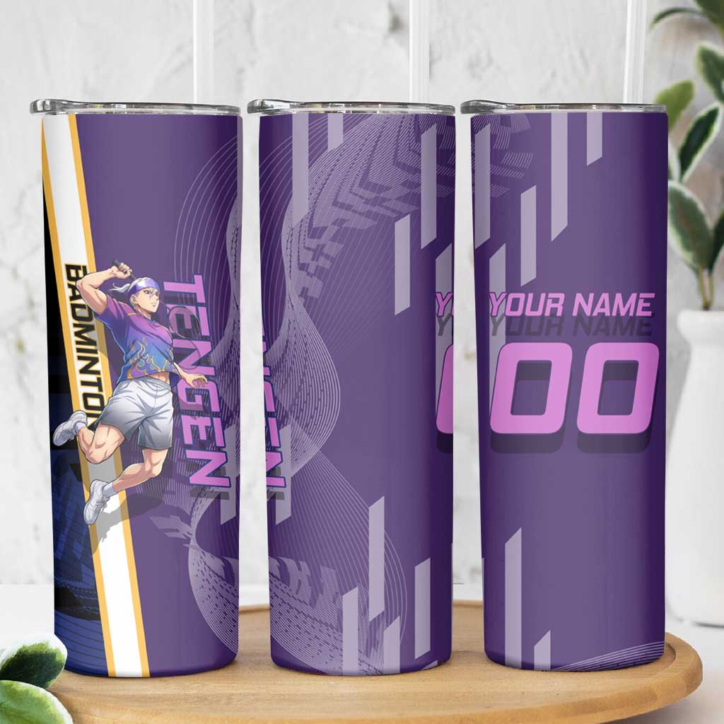 Personalized Tengen Uzui Demon Slayer Badminton Skinny Tumbler with Racket Action Pose and Purple Black Graphic Design - The Mazicc