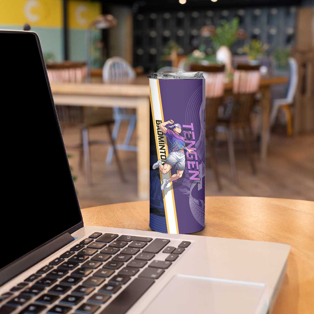 Personalized Tengen Uzui Demon Slayer Badminton Skinny Tumbler with Racket Action Pose and Purple Black Graphic Design - The Mazicc