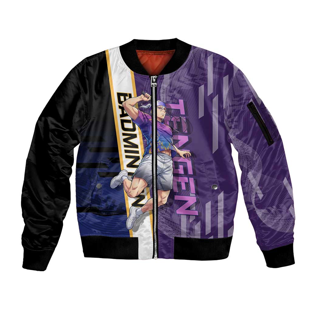Personalized Tengen Uzui Demon Slayer Badminton Sleeve Zip Bomber Jacket with Racket Action Pose and Purple Black Graphic Design - The Mazicc