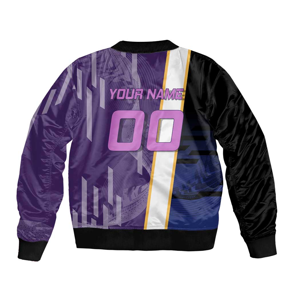 Personalized Tengen Uzui Demon Slayer Badminton Sleeve Zip Bomber Jacket with Racket Action Pose and Purple Black Graphic Design - The Mazicc