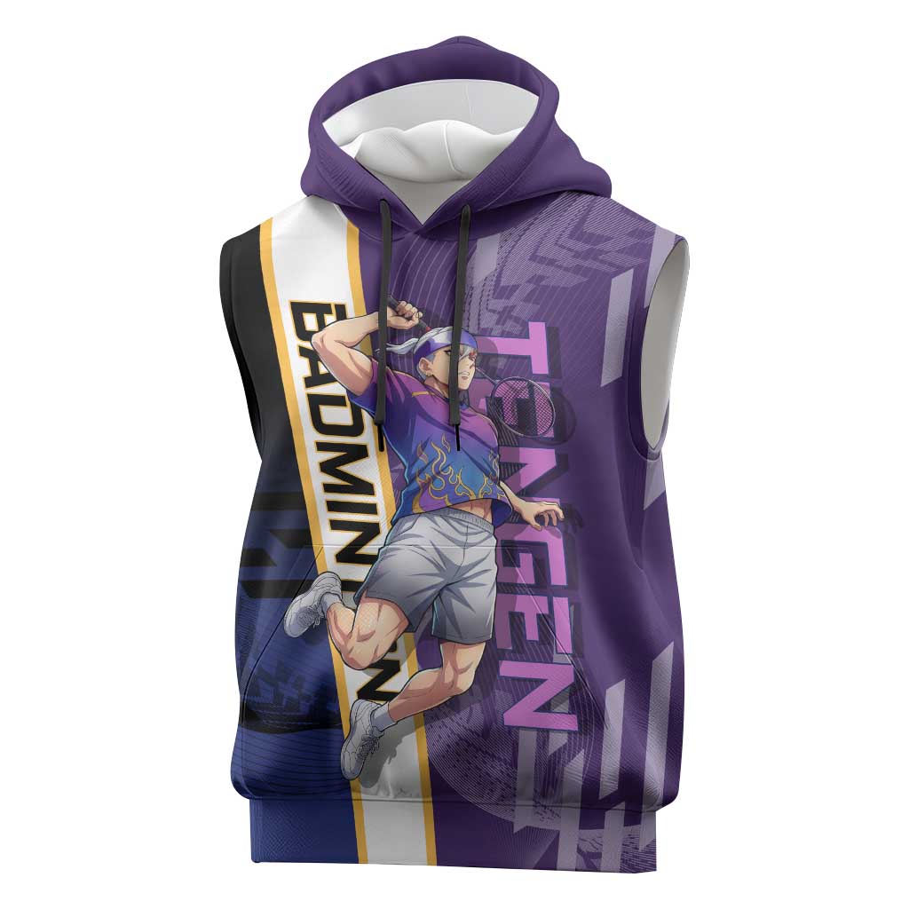 Personalized Tengen Uzui Demon Slayer Badminton Sleeveless Hoodie with Racket Action Pose and Purple Black Graphic Design - The Mazicc