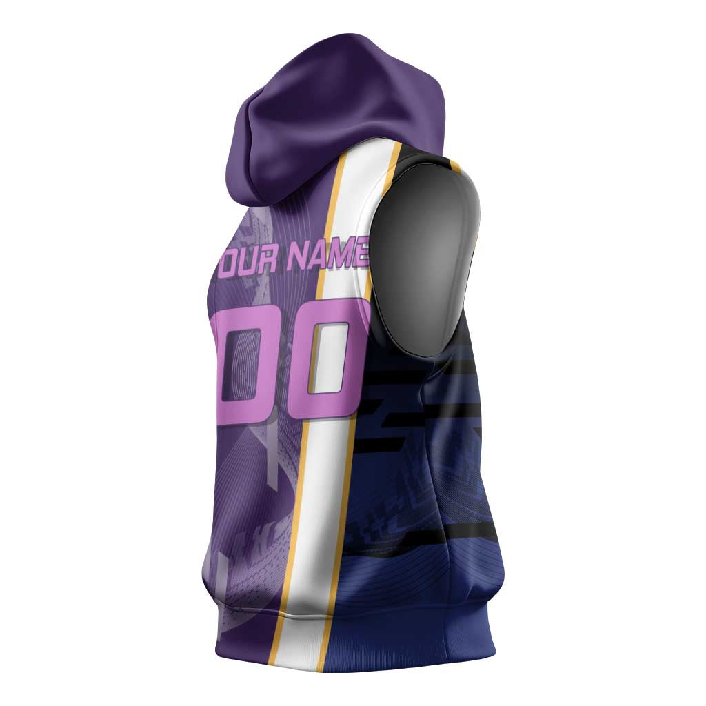 Personalized Tengen Uzui Demon Slayer Badminton Sleeveless Hoodie with Racket Action Pose and Purple Black Graphic Design - The Mazicc
