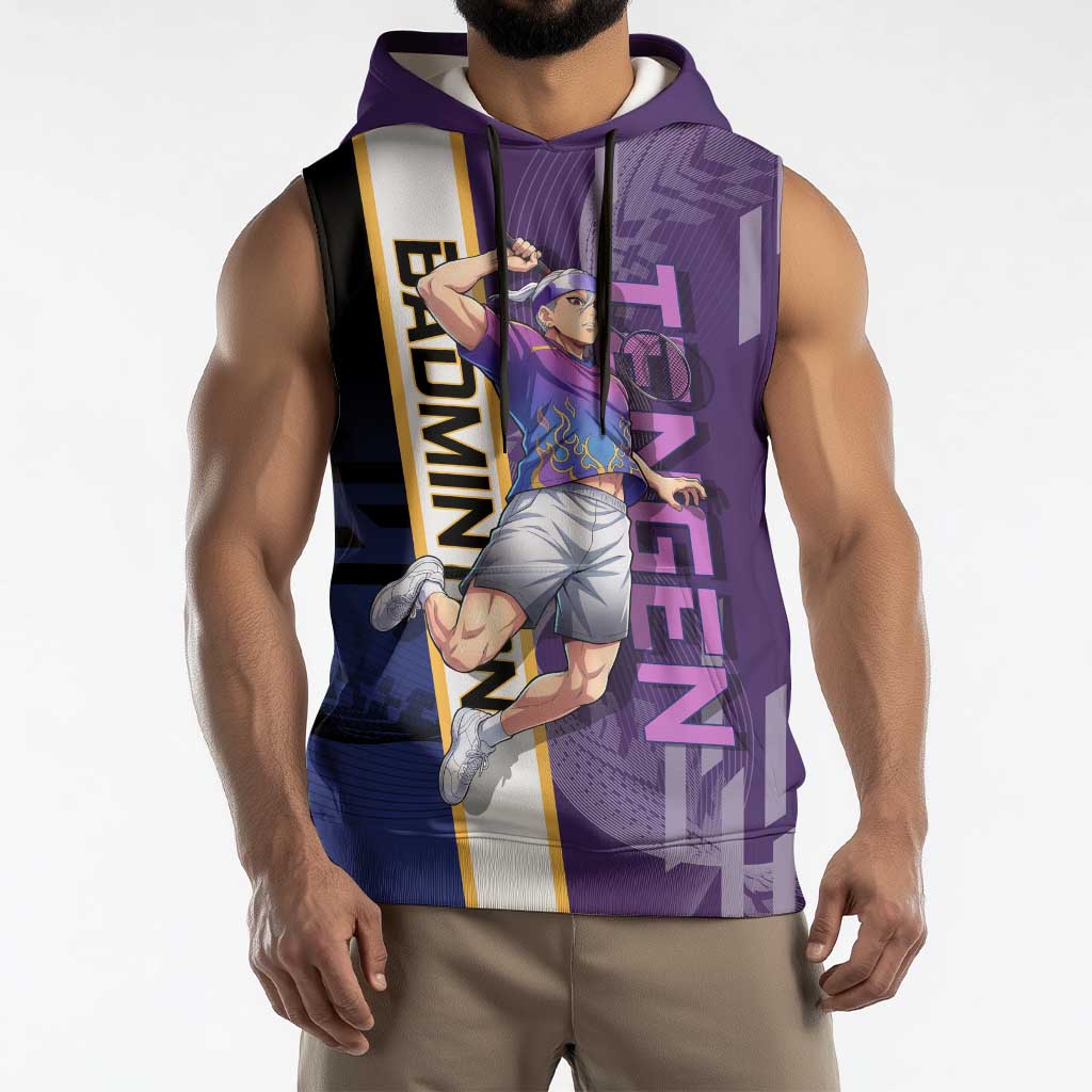 Personalized Tengen Uzui Demon Slayer Badminton Sleeveless Hoodie with Racket Action Pose and Purple Black Graphic Design - The Mazicc