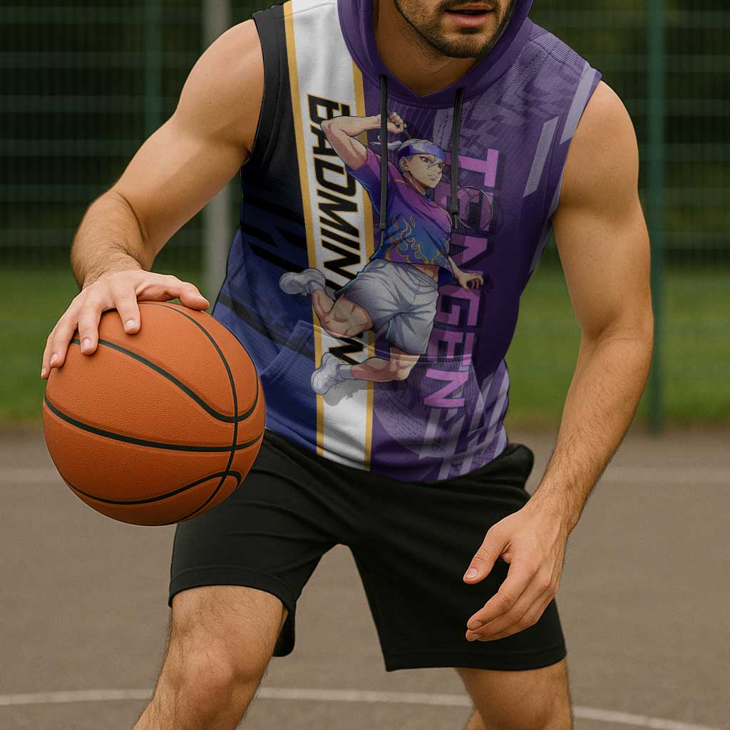 Personalized Tengen Uzui Demon Slayer Badminton Sleeveless Hoodie with Racket Action Pose and Purple Black Graphic Design - The Mazicc