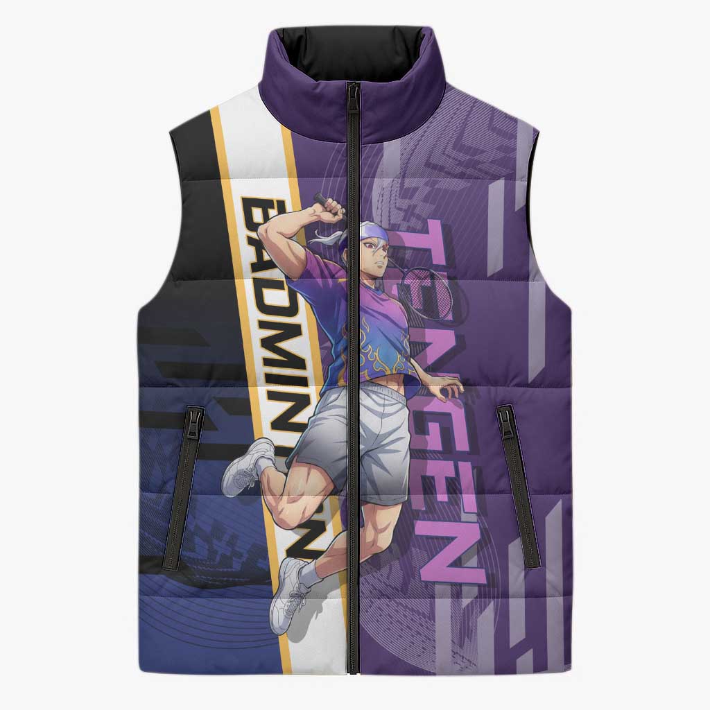 Personalized Tengen Uzui Demon Slayer Badminton Sleeveless Puffer Jacket with Racket Action Pose and Purple Black Graphic Design - The Mazicc