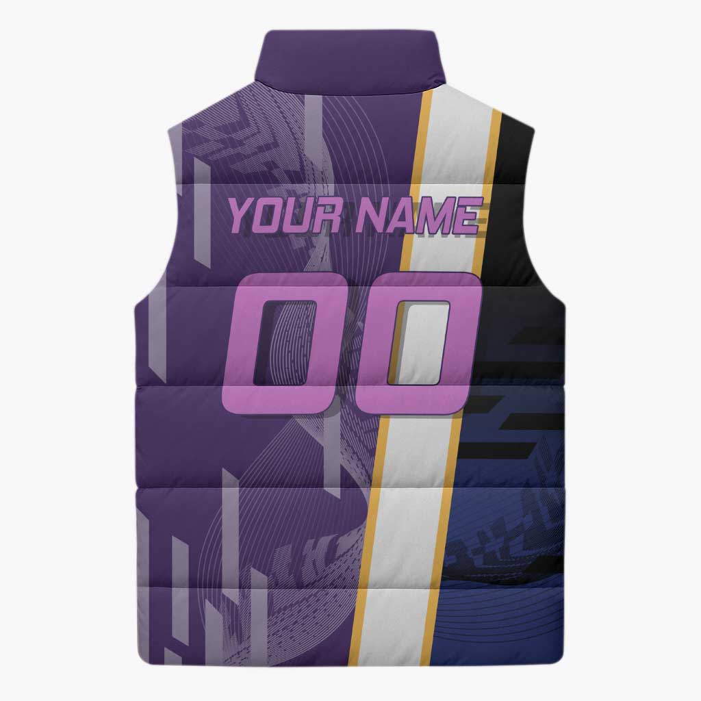 Personalized Tengen Uzui Demon Slayer Badminton Sleeveless Puffer Jacket with Racket Action Pose and Purple Black Graphic Design - The Mazicc