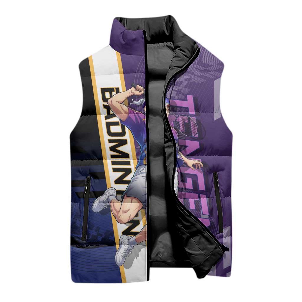 Personalized Tengen Uzui Demon Slayer Badminton Sleeveless Puffer Jacket with Racket Action Pose and Purple Black Graphic Design - The Mazicc