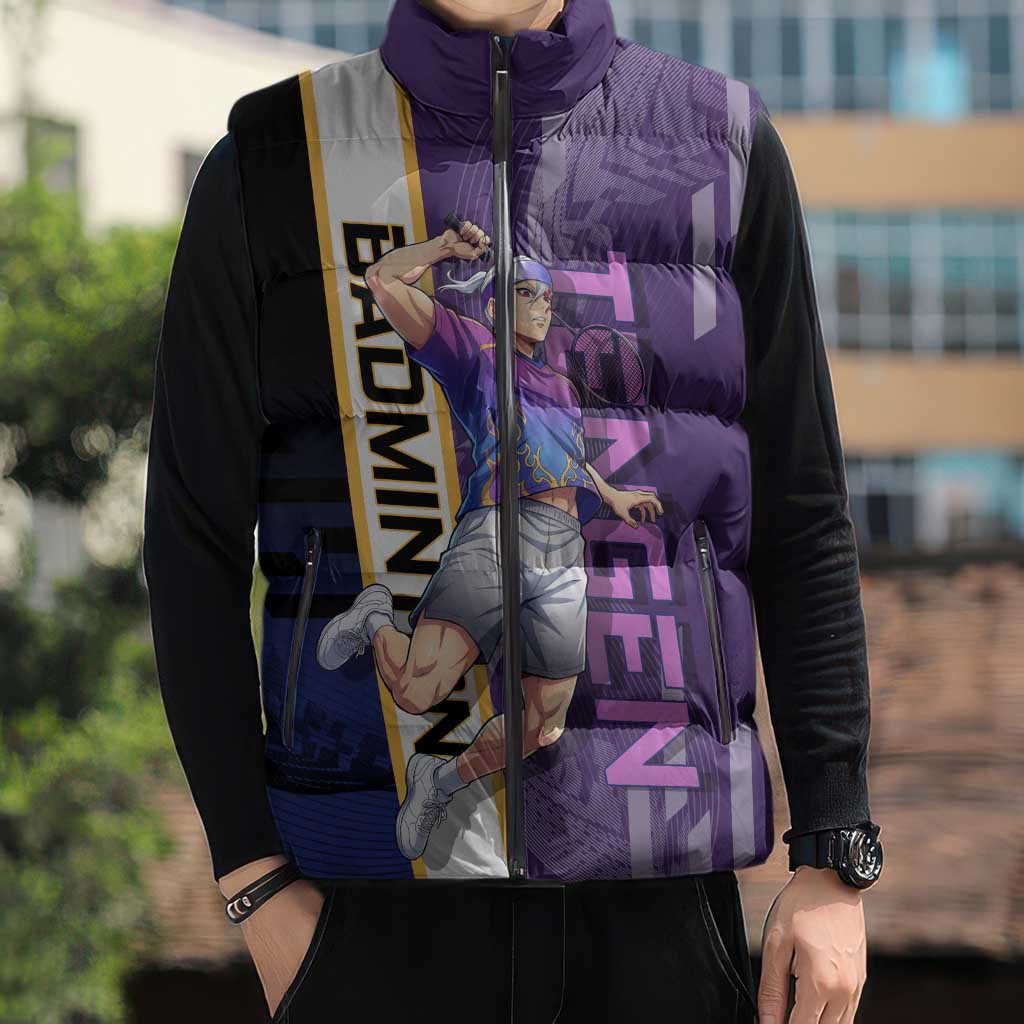 Personalized Tengen Uzui Demon Slayer Badminton Sleeveless Puffer Jacket with Racket Action Pose and Purple Black Graphic Design - The Mazicc