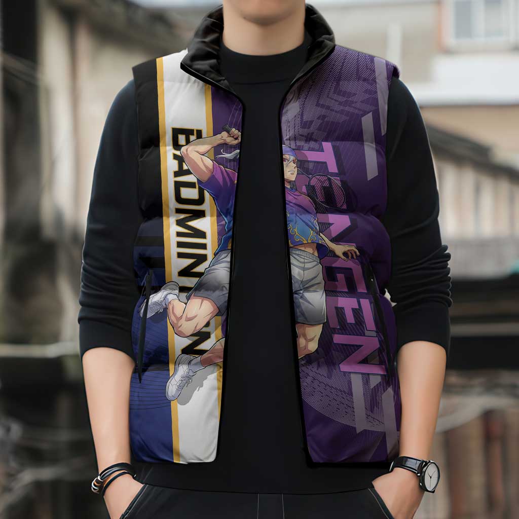 Personalized Tengen Uzui Demon Slayer Badminton Sleeveless Puffer Jacket with Racket Action Pose and Purple Black Graphic Design - The Mazicc