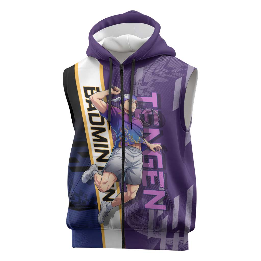 Personalized Tengen Uzui Demon Slayer Badminton Sleeveless Zip Hoodie with Racket Action Pose and Purple Black Graphic Design - The Mazicc