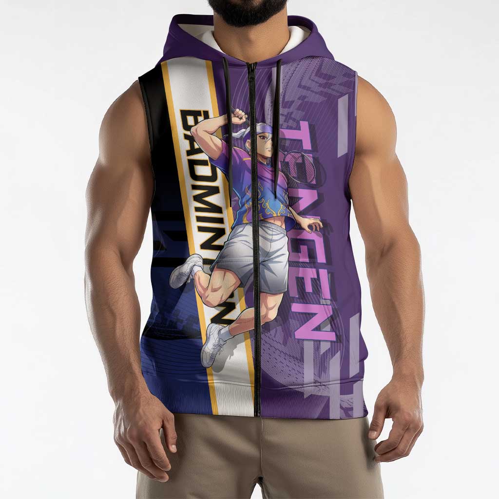 Personalized Tengen Uzui Demon Slayer Badminton Sleeveless Zip Hoodie with Racket Action Pose and Purple Black Graphic Design - The Mazicc