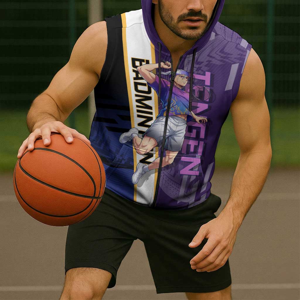 Personalized Tengen Uzui Demon Slayer Badminton Sleeveless Zip Hoodie with Racket Action Pose and Purple Black Graphic Design - The Mazicc