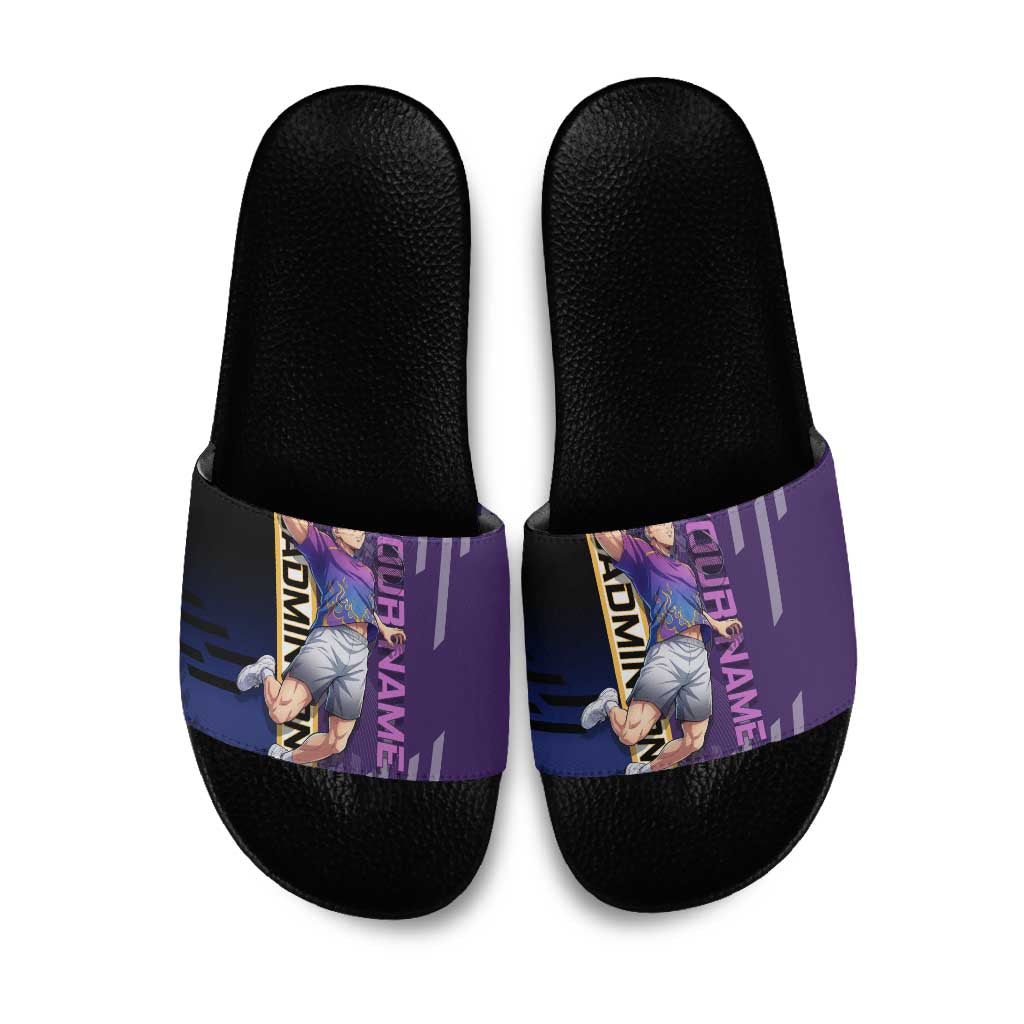 Personalized Tengen Uzui Demon Slayer Badminton Slide Sandals with Racket Action Pose and Purple Black Graphic Design - The Mazicc
