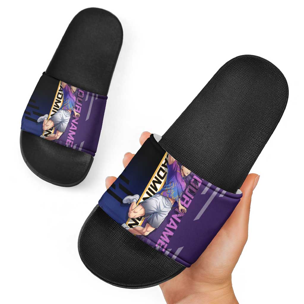 Personalized Tengen Uzui Demon Slayer Badminton Slide Sandals with Racket Action Pose and Purple Black Graphic Design - The Mazicc