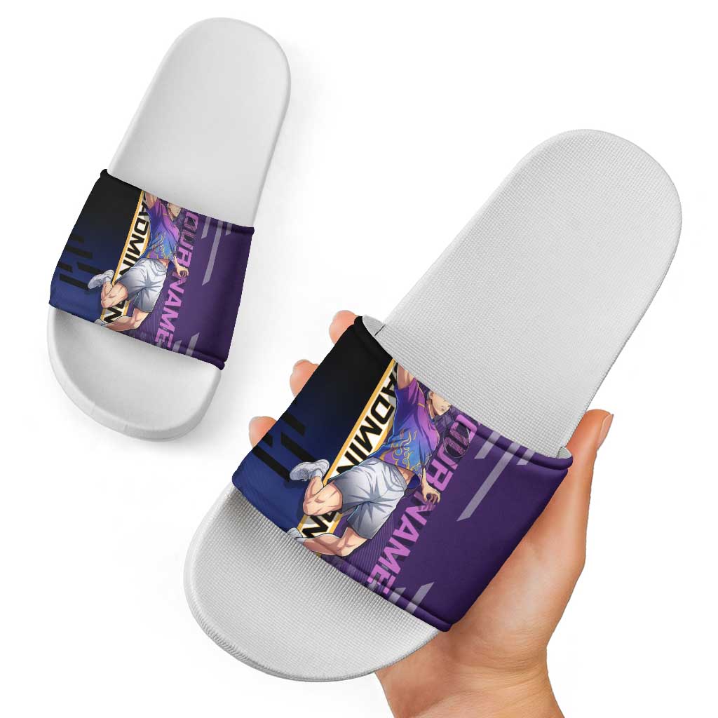 Personalized Tengen Uzui Demon Slayer Badminton Slide Sandals with Racket Action Pose and Purple Black Graphic Design - The Mazicc