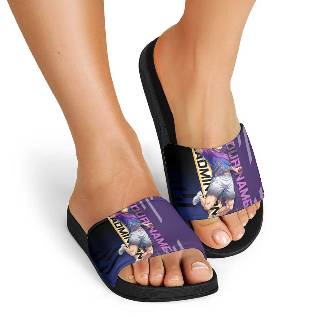 Personalized Tengen Uzui Demon Slayer Badminton Slide Sandals with Racket Action Pose and Purple Black Graphic Design - The Mazicc