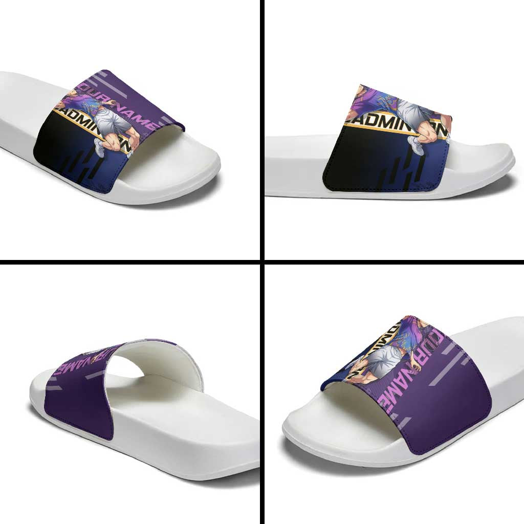 Personalized Tengen Uzui Demon Slayer Badminton Slide Sandals with Racket Action Pose and Purple Black Graphic Design - The Mazicc