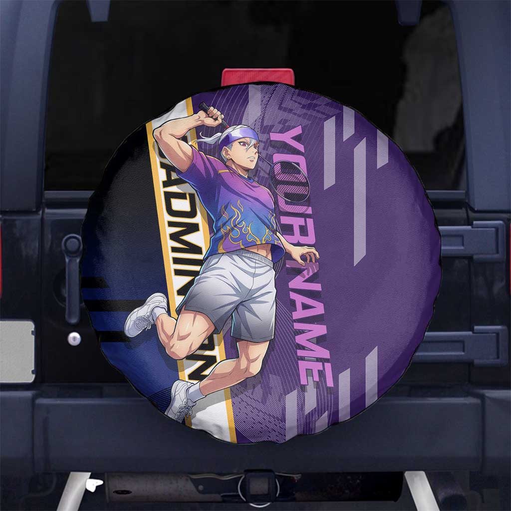 Personalized Tengen Uzui Demon Slayer Badminton Spare Tire Cover with Racket Action Pose and Purple Black Graphic Design - The Mazicc