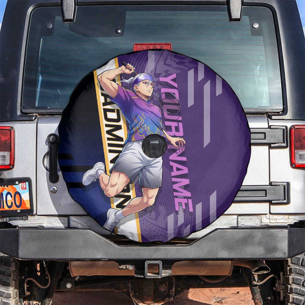 Personalized Tengen Uzui Demon Slayer Badminton Spare Tire Cover with Racket Action Pose and Purple Black Graphic Design - The Mazicc