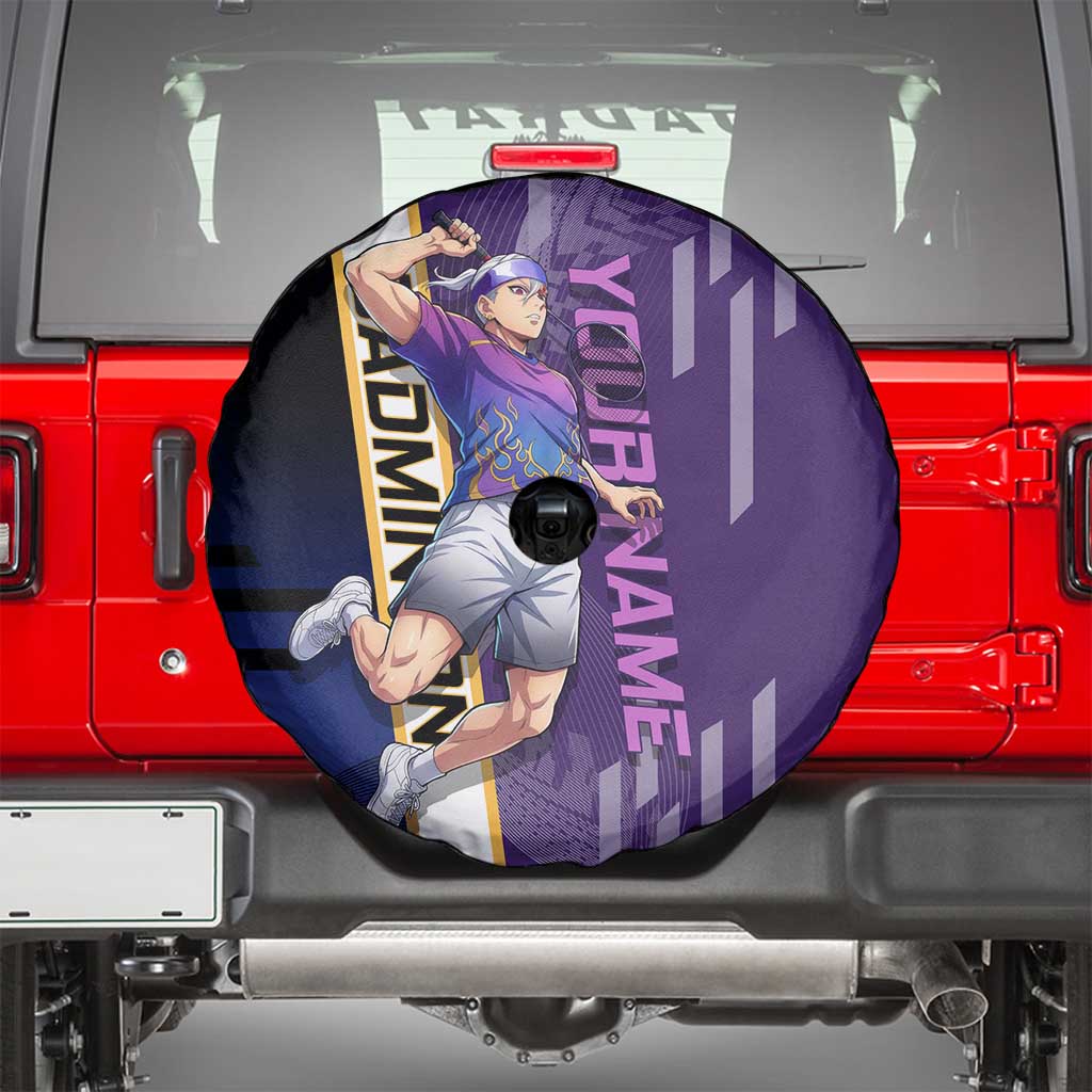 Personalized Tengen Uzui Demon Slayer Badminton Spare Tire Cover with Racket Action Pose and Purple Black Graphic Design - The Mazicc