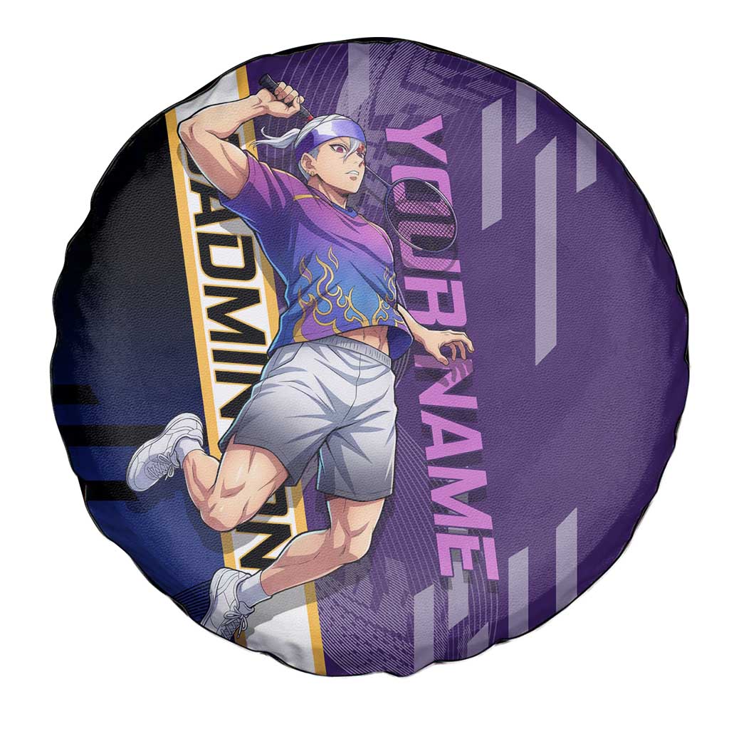 Personalized Tengen Uzui Demon Slayer Badminton Spare Tire Cover with Racket Action Pose and Purple Black Graphic Design - The Mazicc