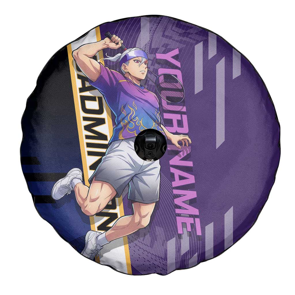 Personalized Tengen Uzui Demon Slayer Badminton Spare Tire Cover with Racket Action Pose and Purple Black Graphic Design - The Mazicc