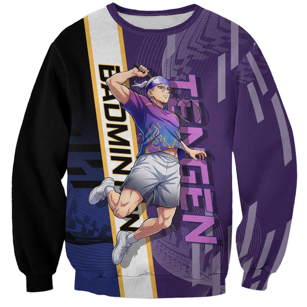 Personalized Tengen Uzui Demon Slayer Badminton Sweatshirt with Racket Action Pose and Purple Black Graphic Design - The Mazicc